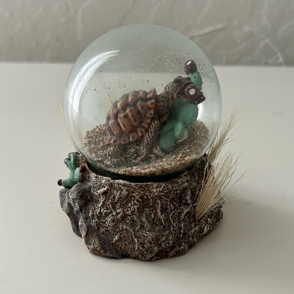 Turtle eating cactus sand globe w/ real grass ceramic art